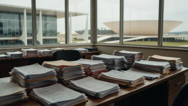 Pilhas de documentos e contratos em mesa de escritório governamental em Brasília