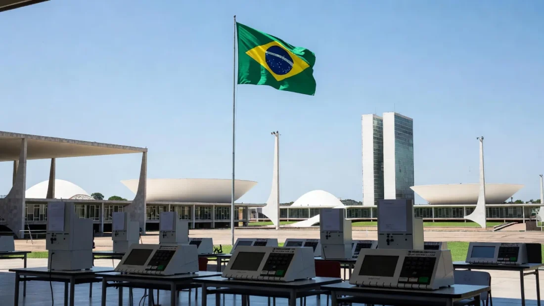 Seção eleitoral no Distrito Federal com urna eletrônica e bandeira do Brasil
