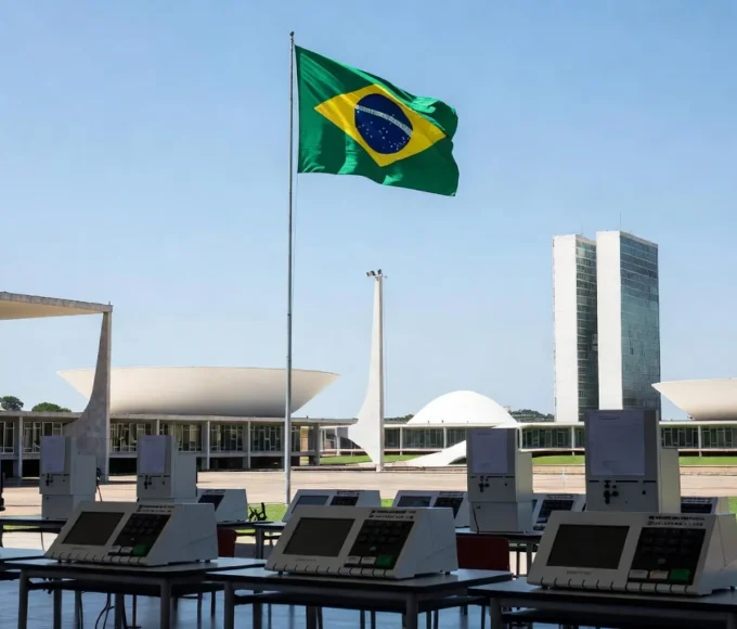 Seção eleitoral no Distrito Federal com urna eletrônica e bandeira do Brasil