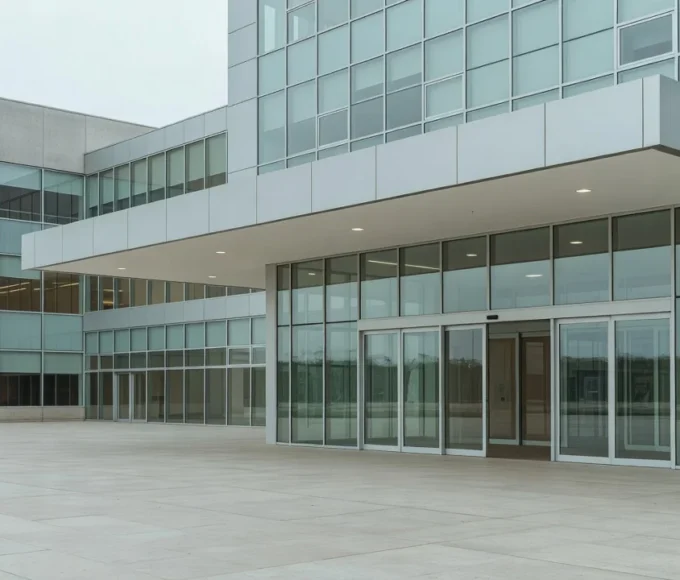 Entrada de hospital em Brasília com tons frios, simbolizando internação familiar