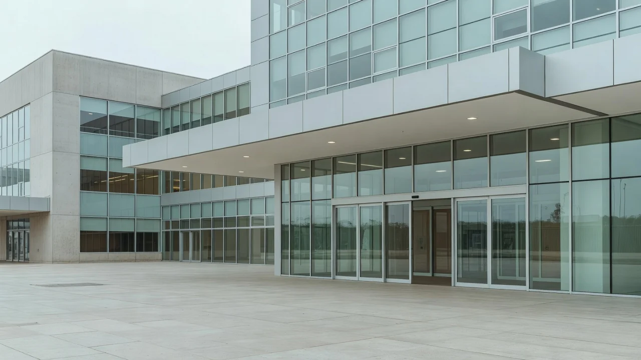 Entrada de hospital em Brasília com tons frios, simbolizando internação familiar
