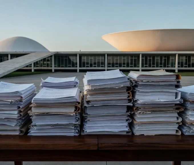 Documentos de precatórios do DF sobre mesa em ambiente institucional