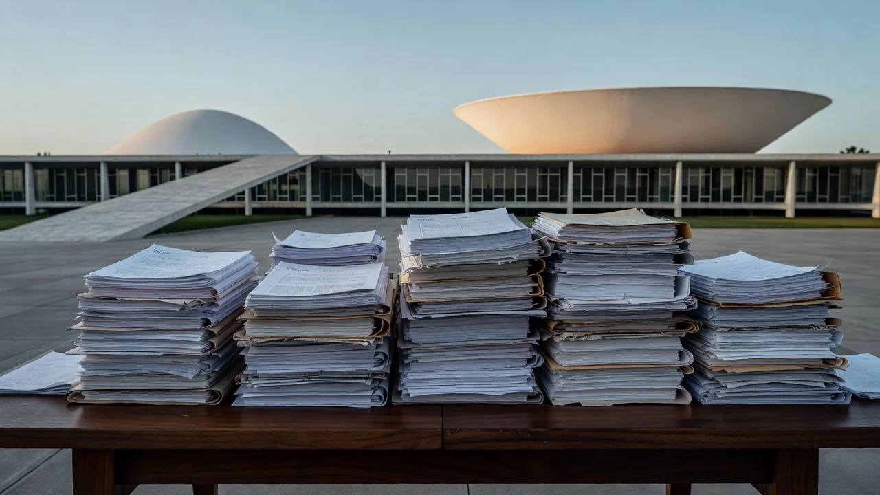 Documentos de precatórios do DF sobre mesa em ambiente institucional