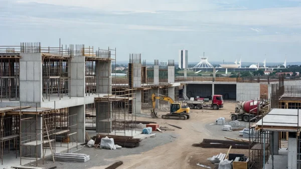 Canteiro de obras inacabado em Brasília, simbolizando projetos pendentes no GDF