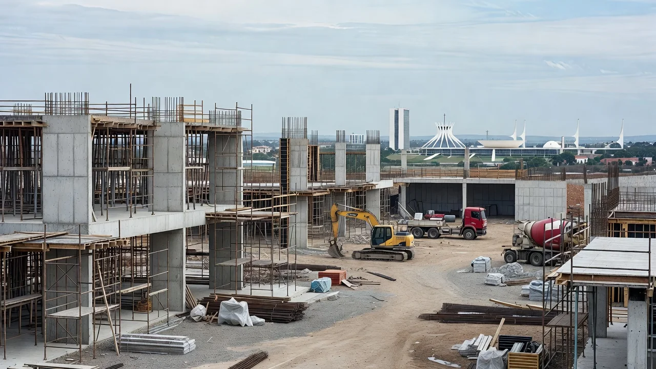 Canteiro de obras inacabado em Brasília, simbolizando projetos pendentes no GDF
