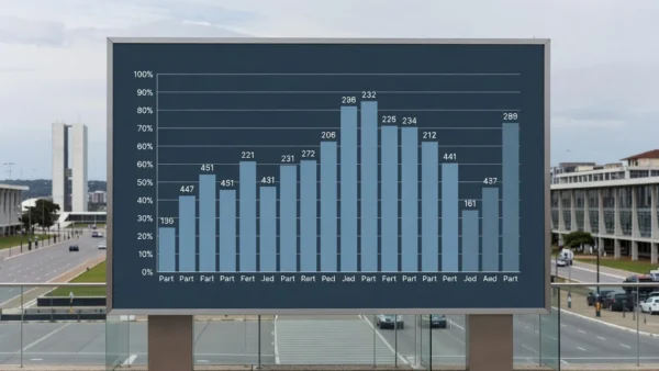Infografia com barras de pesquisa eleitoral para governo do DF em cores frias