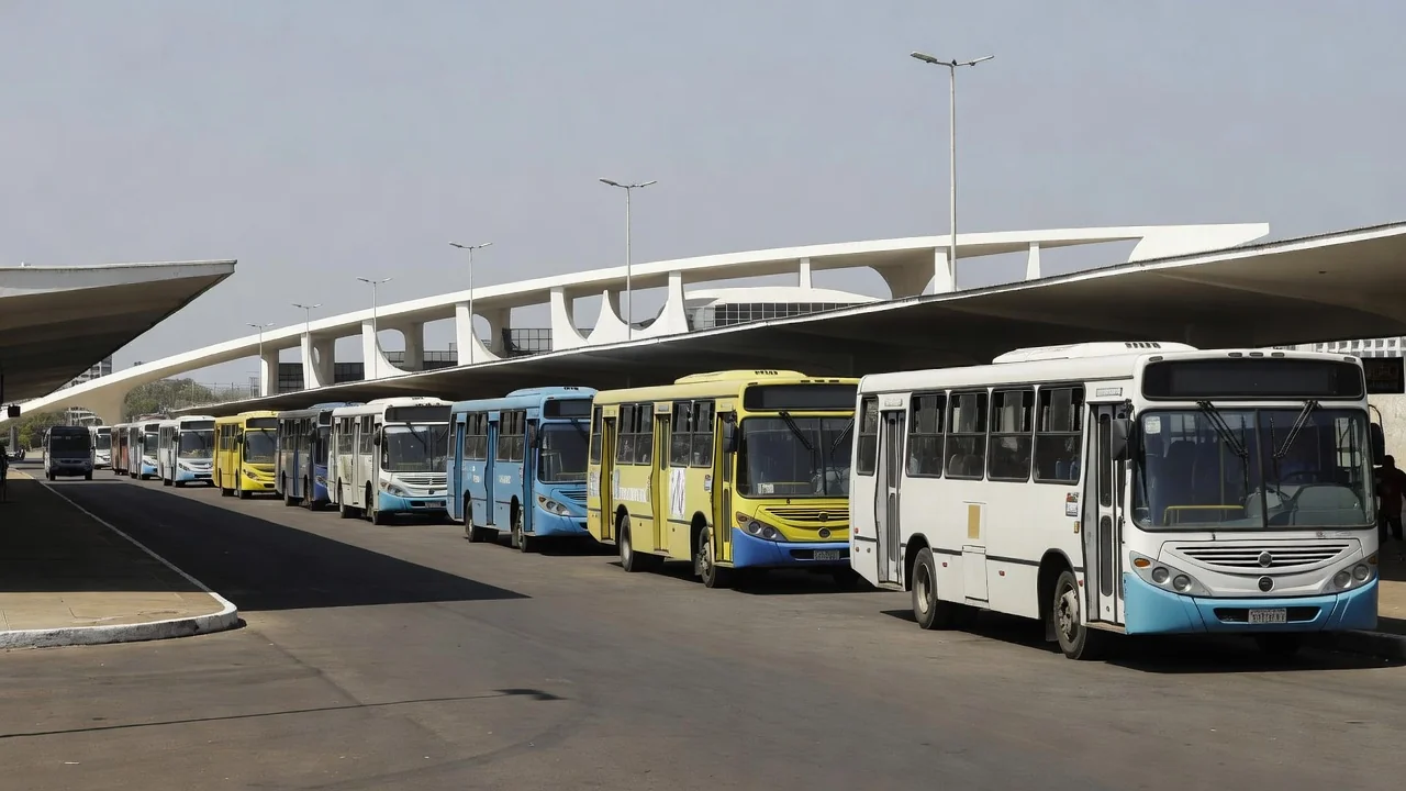 Frota de ônibus parados em terminal durante greve de rodoviários no DF