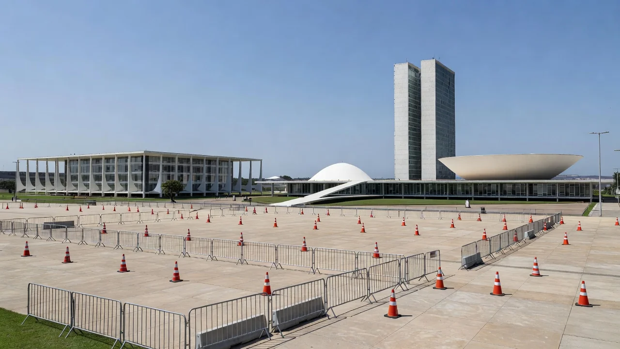 Praça dos Três Poderes interditada em Brasília com barreiras de segurança