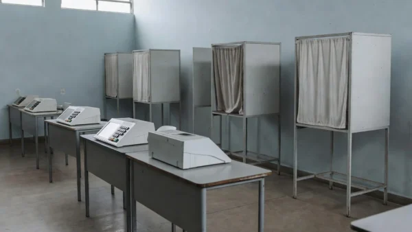Seção eleitoral vazia com urnas eletrônicas durante eleições no Brasil