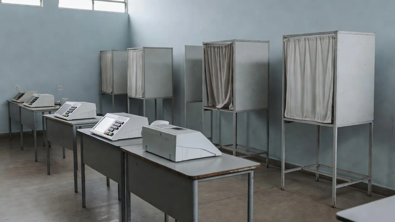 Seção eleitoral vazia com urnas eletrônicas durante eleições no Brasil