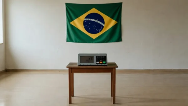 Seção eleitoral com urna brasileira representando resultado político