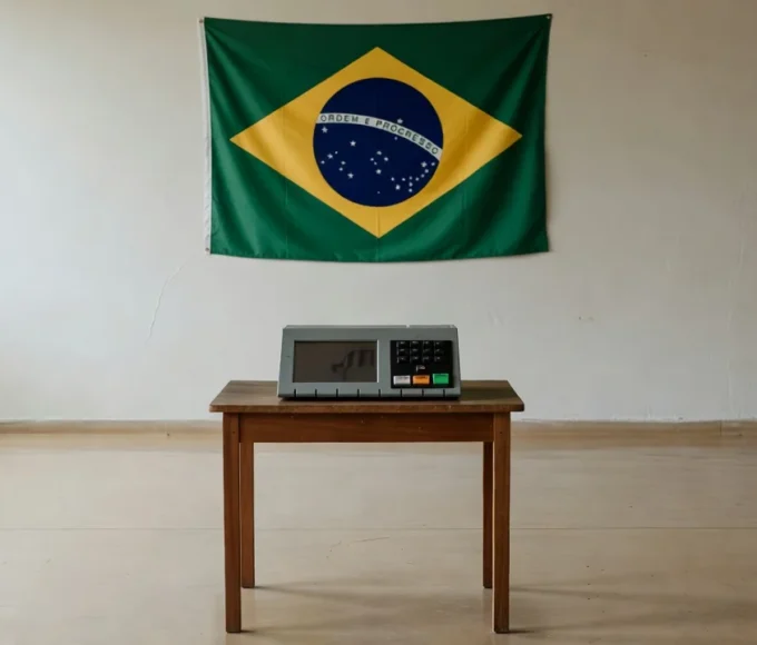 Seção eleitoral com urna brasileira representando resultado político